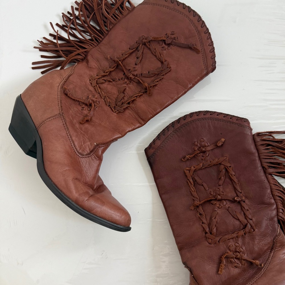 Vintage Zodiac Genuine Leather Fringe Cowboy Boots Size 6.5